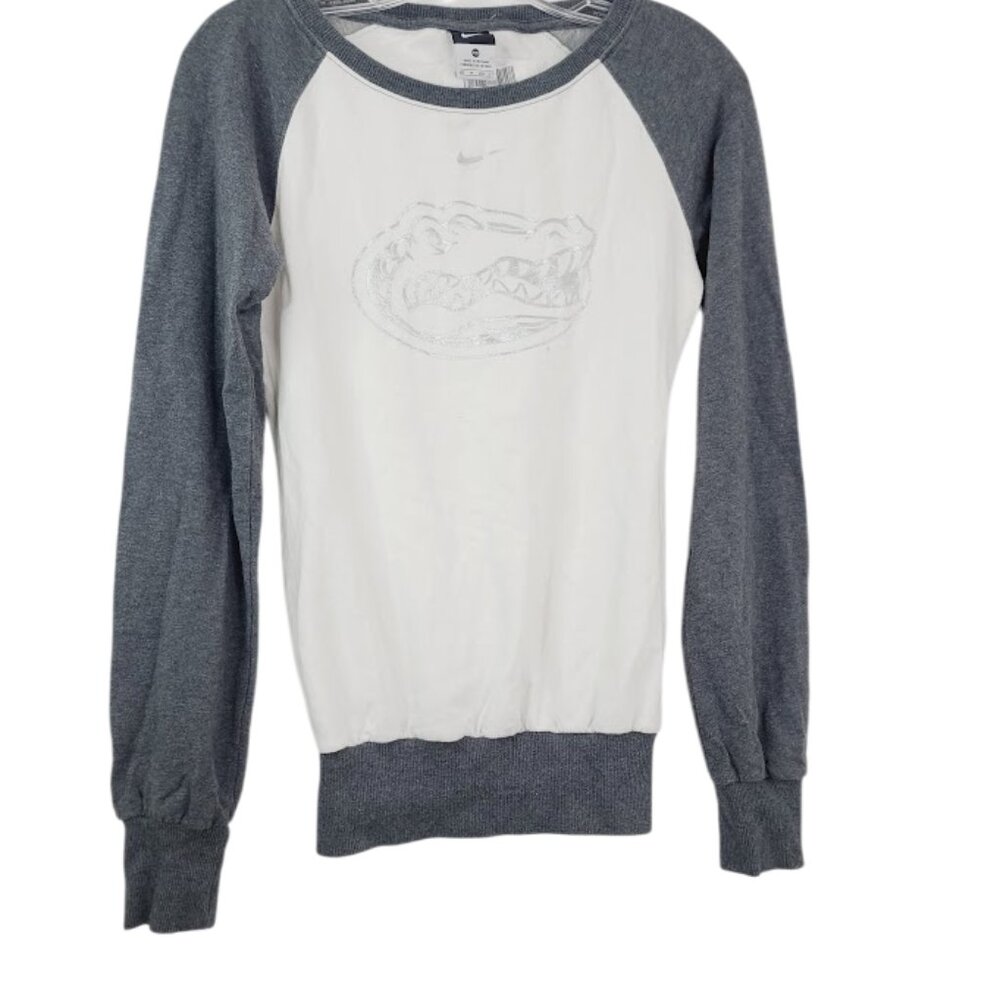 Nike Women's Gray White Long Sleeve Crew Neck Graphic Pullover Sweatshirt Sz XS